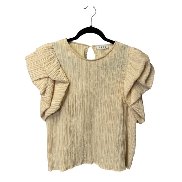 THML Tops - THML Cream Ruffled Flutter Sleeve Crew Neck Naomi Blouse Top Womens Small